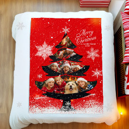 Snowy Merry Christmas Family Photo Tree Fleecedecke