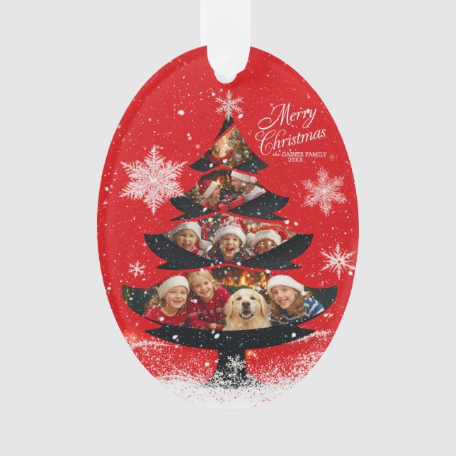 Snowy Merry Christmas Family Photo Tree Ornament (Vorderseite)