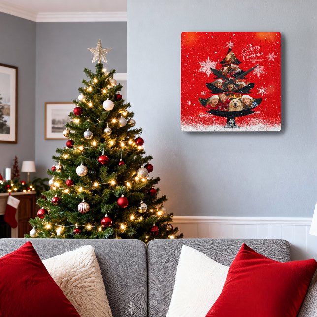 Snowy Merry Christmas Family Photo Tree Quadratische Wanduhr (Von Creator hochgeladen)