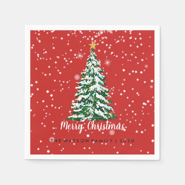 Snowy Merry Christmas Tree Napkin Red Serviette (Vorderseite)