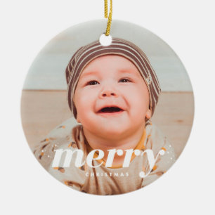 Snowy Modern Personalisiert Frohe Weihnachten Foto Keramik Ornament