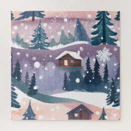 Snowy Mountain Cabin Wasserfarbe Puzzle
