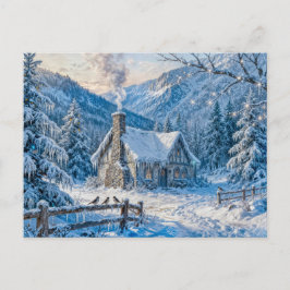 Snowy Mountain Cottage with Smoke and Pines Painti Postkarte