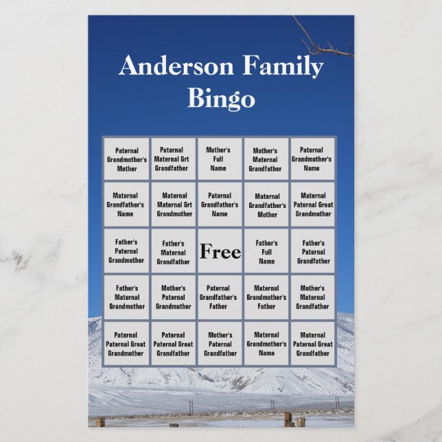 Snowy Mountain Familienname und Foto Bingo Game Briefpapier (Vorderseite)