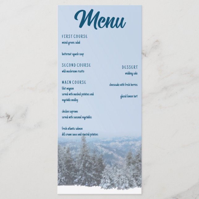 Snowy Mountain Forest Wedding Menükarte (Vorderseite)