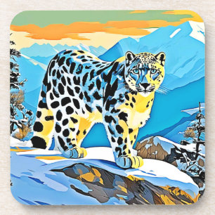 Snowy Mountain Leopard Stance Design Getränkeuntersetzer