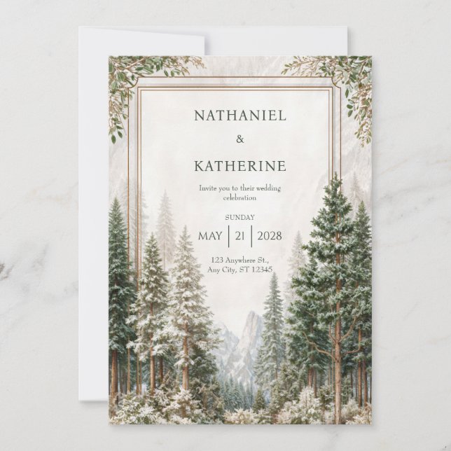 Snowy Mountain Pine Forest Wedding Einladung (Vorderseite)
