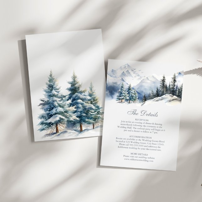 Snowy Mountain & Pine Trees Hochzeitskarte Einladung (Snowy Mountain & Pine Trees Weddding Details Card on a sunny white table.)