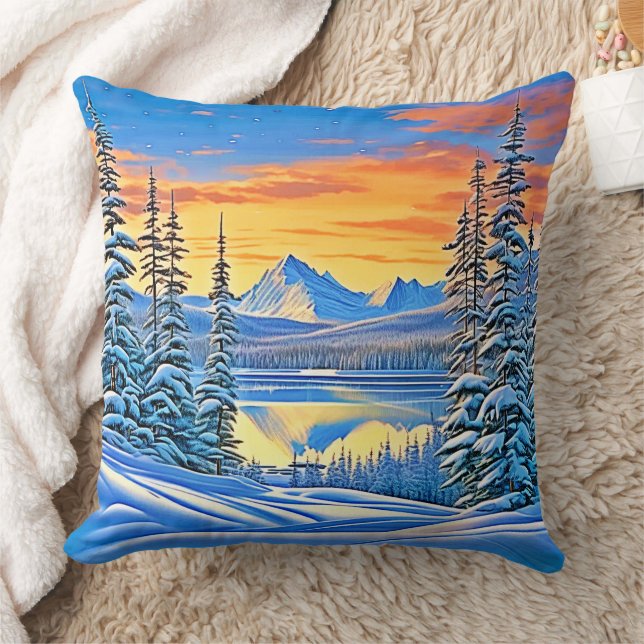 Snowy Mountain Sunset Glow Kissen (Decke)