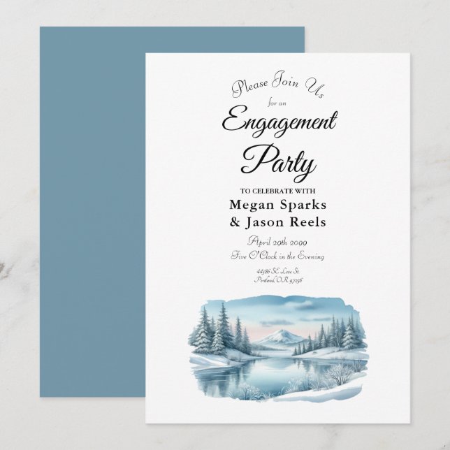 Snowy Mountain Winter Lake Engagement Party Einladung (Vorne/Hinten)