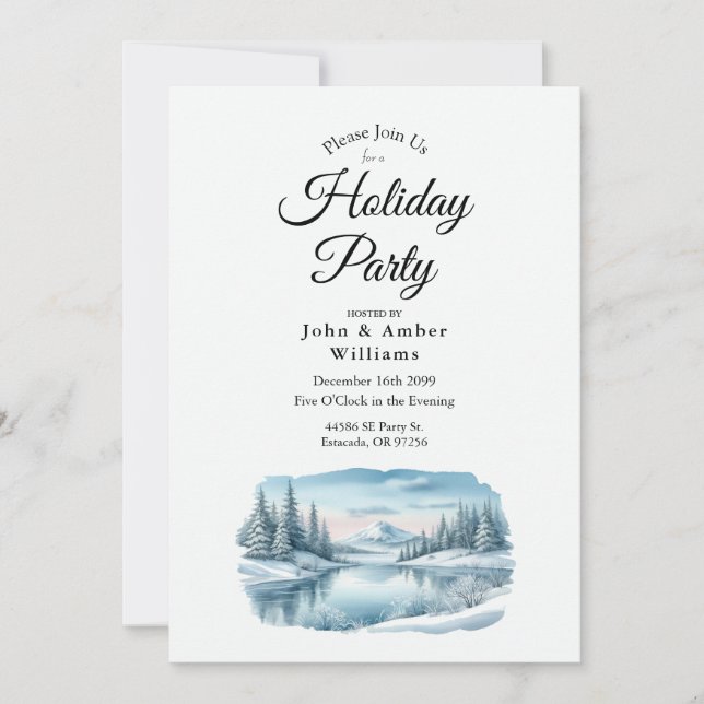 Snowy Mountain Winter Lake Holiday Party Einladung (Vorderseite)
