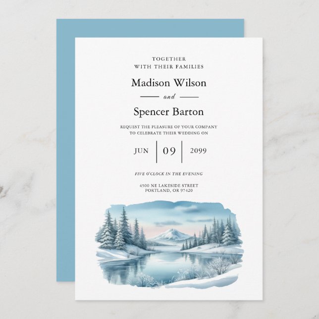 Snowy Mountain Winter Lake Wedding Einladung (Vorne/Hinten)