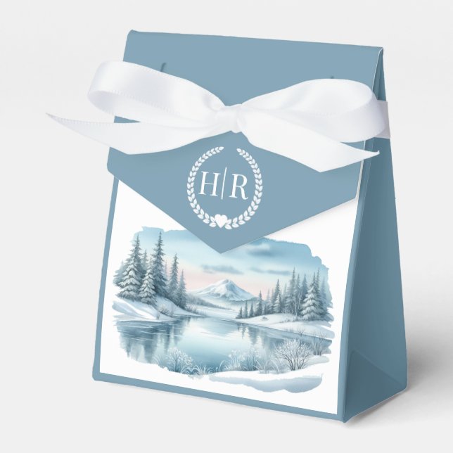 Snowy Mountain Winter Lake Wedding Geschenkschachtel (Vorderseite)