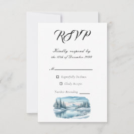 Snowy Mountain Winter Lake Wedding RSVP Karte