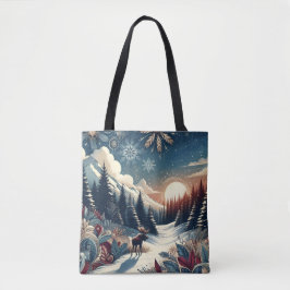 Snowy Night Moose Forest Mountains Boho Pattern