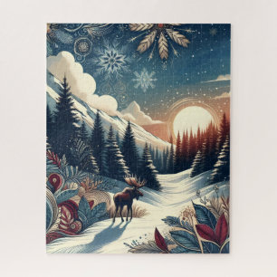 Snowy Night Moose Forest Mountains Boho Pattern Puzzle