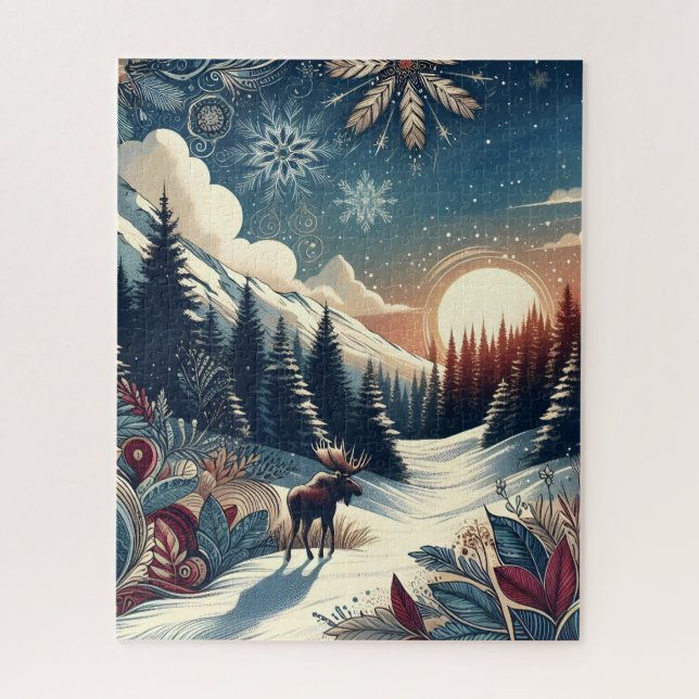 Snowy Night Moose Forest Mountains Boho Pattern Puzzle (Vertikal)