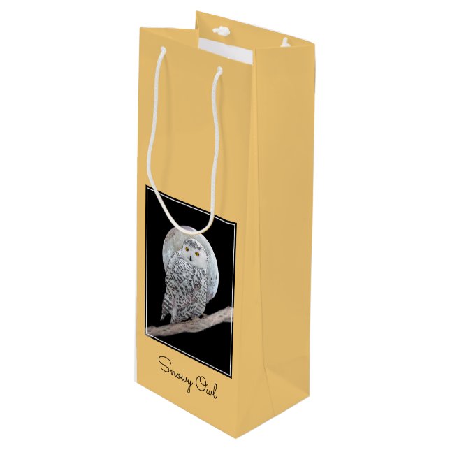 Snowy Owl and Moon Painting - Original Bird Art Geschenktüte Für Weinflaschen (Vorderseite Schrägansicht)