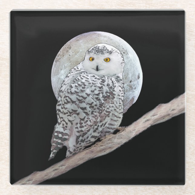 Snowy Owl and Moon Painting - Original Bird Art Glasuntersetzer (Vorderseite)
