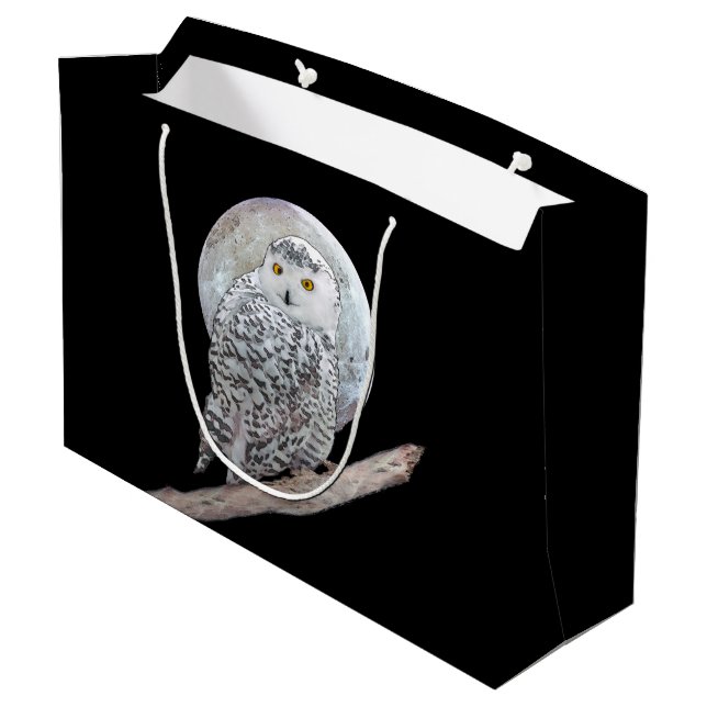 Snowy Owl and Moon Painting - Original Bird Art Große Geschenktüte (Rückseite Schrägansicht)