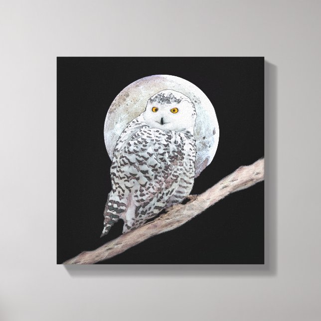 Snowy Owl and Moon Painting - Original Bird Art Leinwanddruck (Vorderseite)