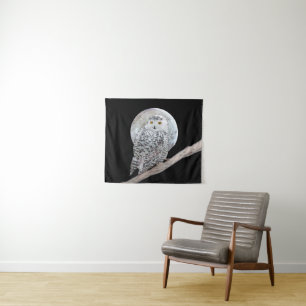 Snowy Owl and Moon Painting - Original Bird Art Wandteppich