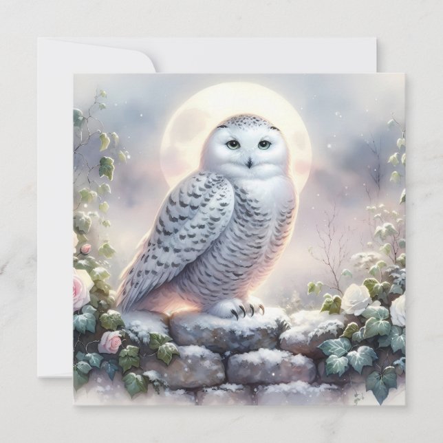 Snowy Owl in Moonlit Winter Garden Karte (Vorderseite)
