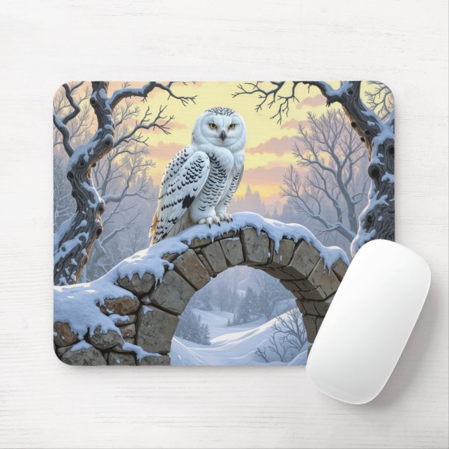 Snowy Owl On a Stone Arch Mousepad (Mit Mouse)