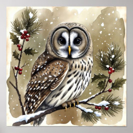 Snowy Owl on Holly Branch Watercolor Christmas Poster