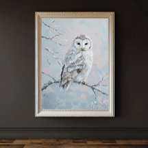 Snowy Owl on Winter Branch – Tranquil Nature Art