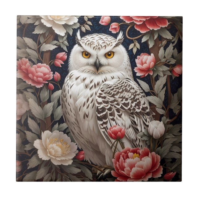 Snowy Owl Pink Peony Blume Fliese (Vorderseite)