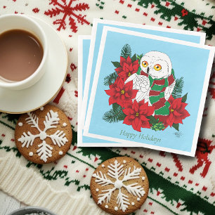 Snowy Owl Red Poinsettias Weihnachten Serviette