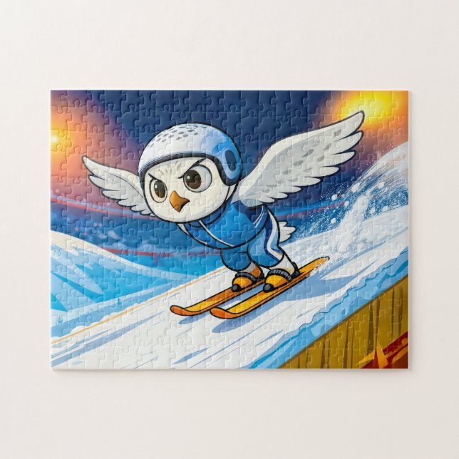 Snowy Owl Ski Jumping from a Winter Ski Ramp Puzzle (Horizontal)