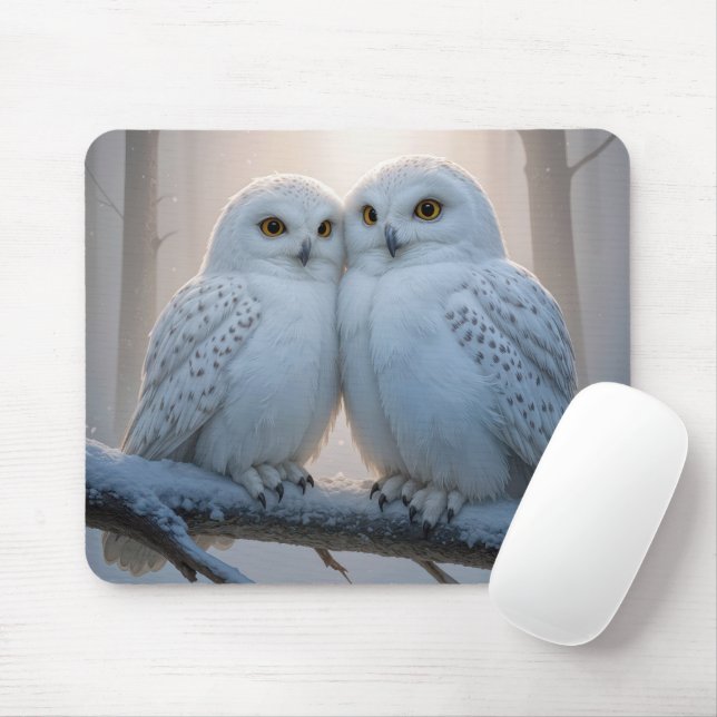 Snowy Owls On a Winter Branch Mousepad (Mit Mouse)