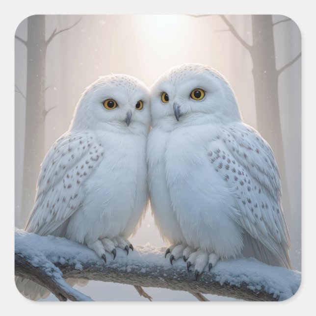 Snowy Owls On a Winter Branch Quadratischer Aufkleber (Vorderseite)