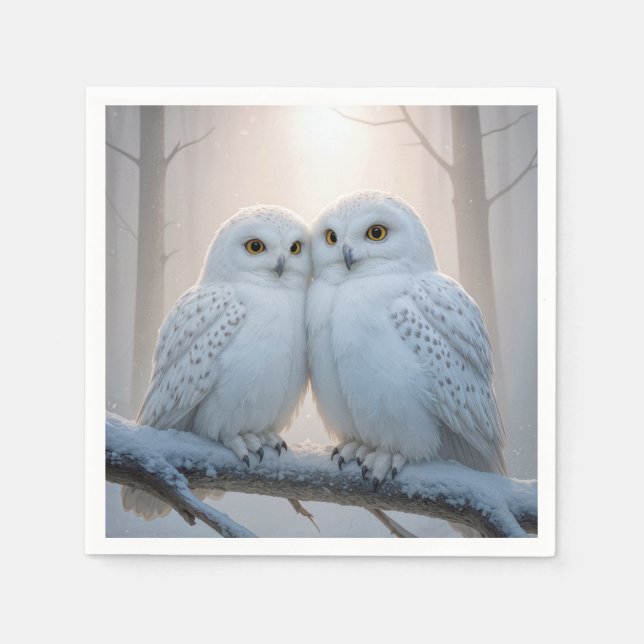 Snowy Owls On a Winter Branch Serviette (Vorderseite)