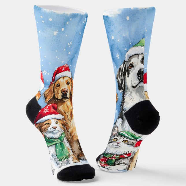 Snowy Paws Festive Cute Christmas Pets Watercolor Socken (Gewinkelt)