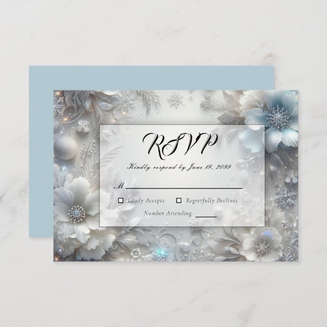 Snowy Petals in Frozen Bloom Wedding RSVP Karte (Vorne/Hinten)