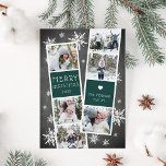 Snowy Photobooth Holiday Photo Collage Card Feiertagskarte<br><div class="desc">Cute holiday photo card features two photo booth strips, each with three photos and a rich hunter green text panel, for a total of six photos. Personalize with the year and your family name or names in whimsical, festive white lettering, on a rustic chalkboard background dotted with hand drawn white...</div>