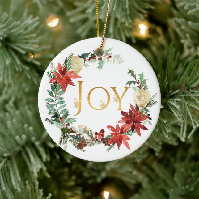 Snowy Pine and Spruce Christmas "Joy" Foto Keramik Ornament (Baum)