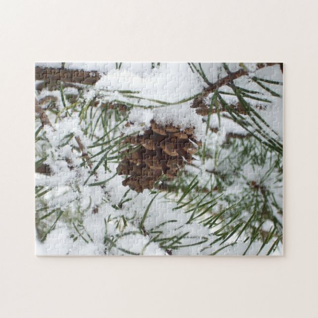Snowy Pine Cone I Winter Nature Fotografy Puzzle (Horizontal)