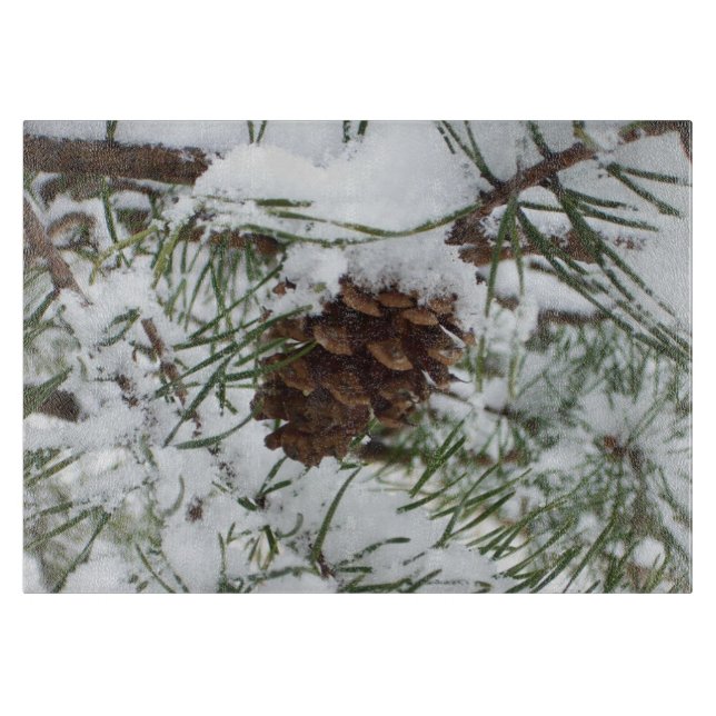 Snowy Pine Cone I Winter Nature Fotografy Schneidebrett (Vorderseite)
