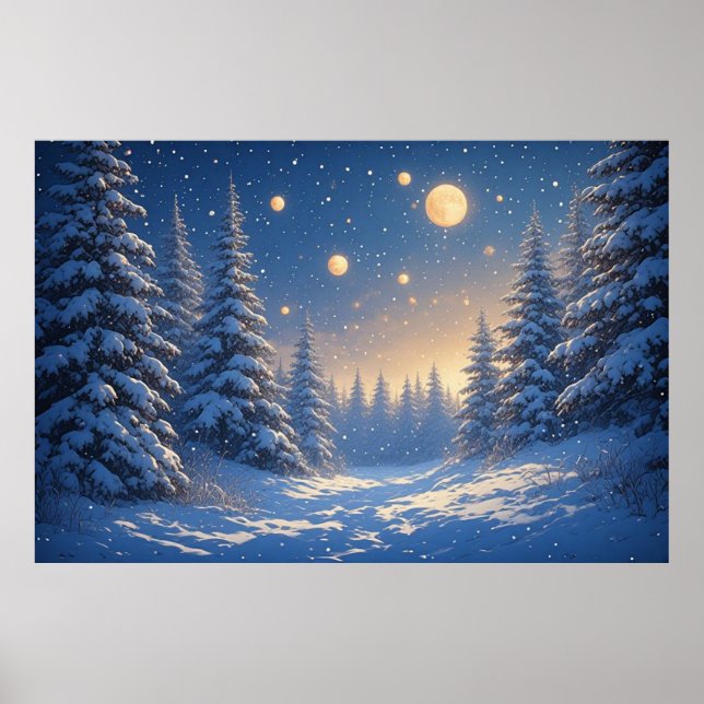 Snowy Pine Forest Under A Starry Night Sky 🌙 Warm Poster (Vorne)