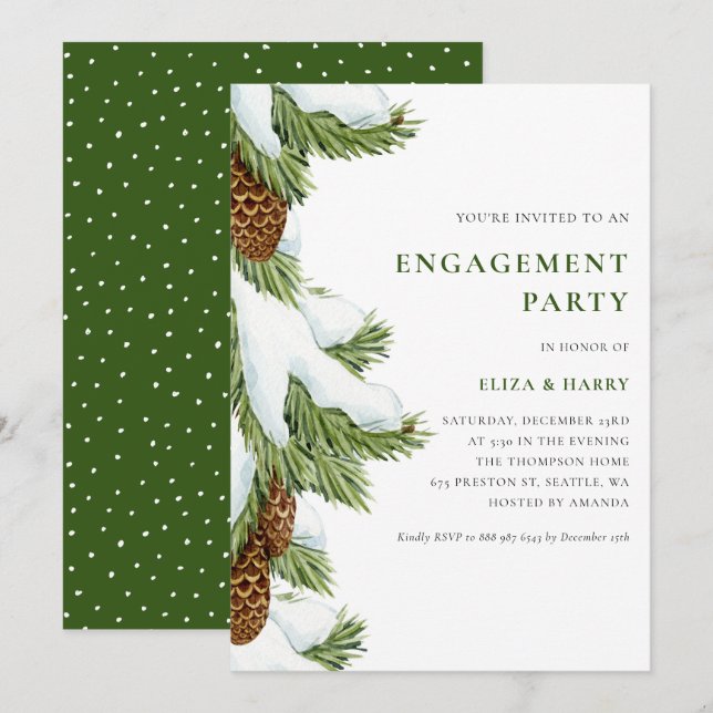 Snowy Pine Needles Engagement Party Einladung (Vorne/Hinten)