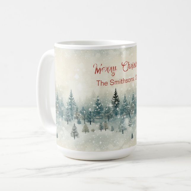 Snowy Pine Trees Vintage Weihnachten Kaffeetasse (Vorderseite Links)