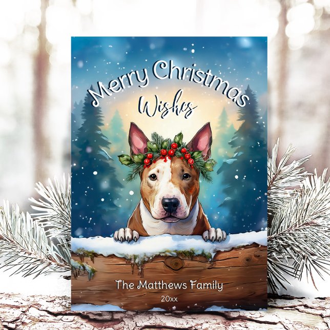 Snowy Pines Peeking Bull Terrier Frohe Weihnachten (Adorable Winter Snowy Scene With Peeking Dogs or Farm/Woodland Animals - Over 50 to Choose From!)