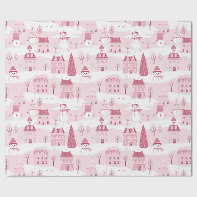Snowy Pink Christmas Village Geschenkpapier (Flach)