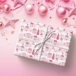Snowy Pink Christmas Village Geschenkpapier