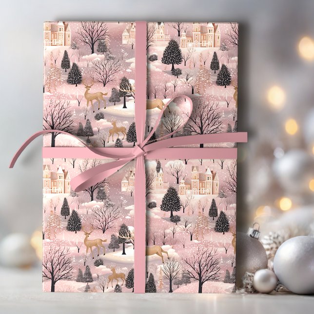 Snowy Pink Deer Forest Geschenkpapier (Von Creator hochgeladen)