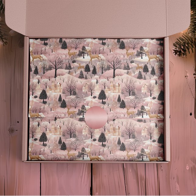 Snowy Pink Deer Forest Seidenpapier (Von Creator hochgeladen)